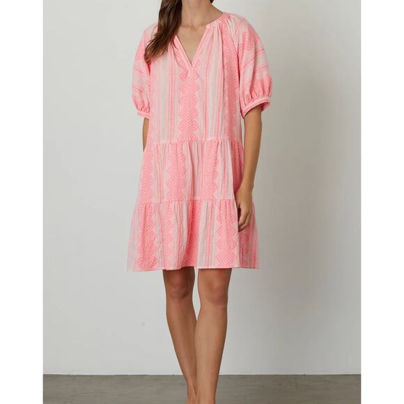 VELVET Sophie Pink Jacquard Dress Cotton Sophie Puffed Sleeve Pullover Large L - Picture 1 of 11